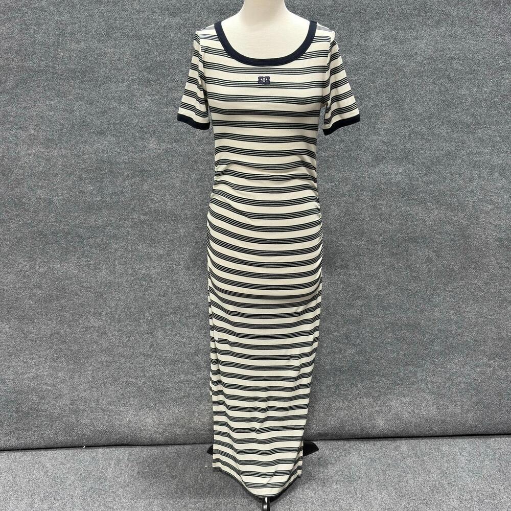 Ganni Dress Womens L Cream Navy Stripe Ruched Bodycon T Shirt Maxi Nautical
